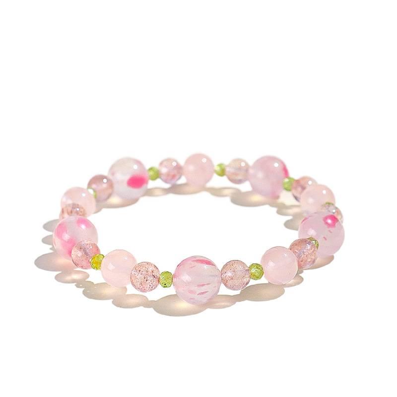 Sakura Pink Crystal Beaded Bracelet for Women – New Chinese Style Jewelry with Strawberry Quartz & Peridot | Gift for Best Friend