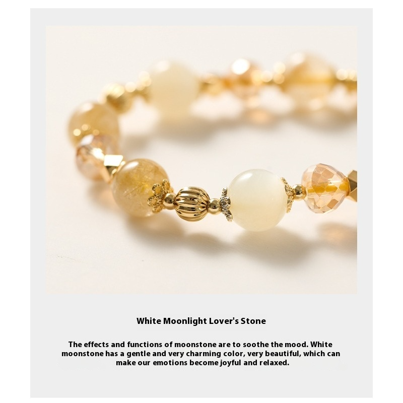 Golden Rutilated Quartz & Moonstone Charm Bracelet – 14K Gold-Plated Bell & Diamond Beads | Lucky Energy Crystal Jewelry for Women