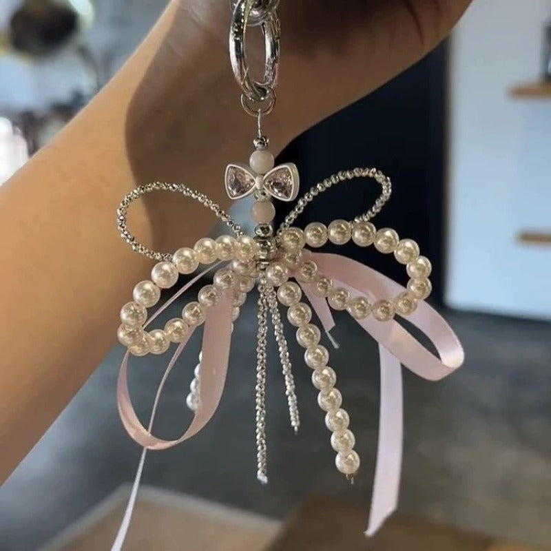 Elegant, girly Balletcore Pink Bow Pearl Phone Strap & Keychain – Korean INS Style Bag Charm Accessory