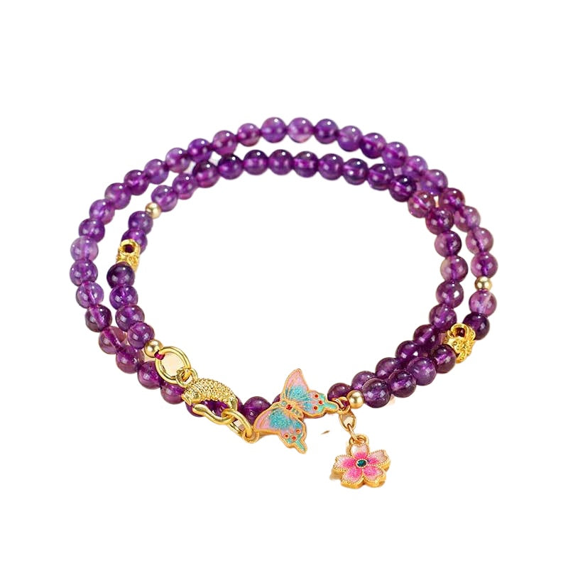 Amethyst Butterfly Beaded Double-Wrap Bracelet – Elegant Lucky Charm Floral Crystal Jewelry for Women Lady's Gift
