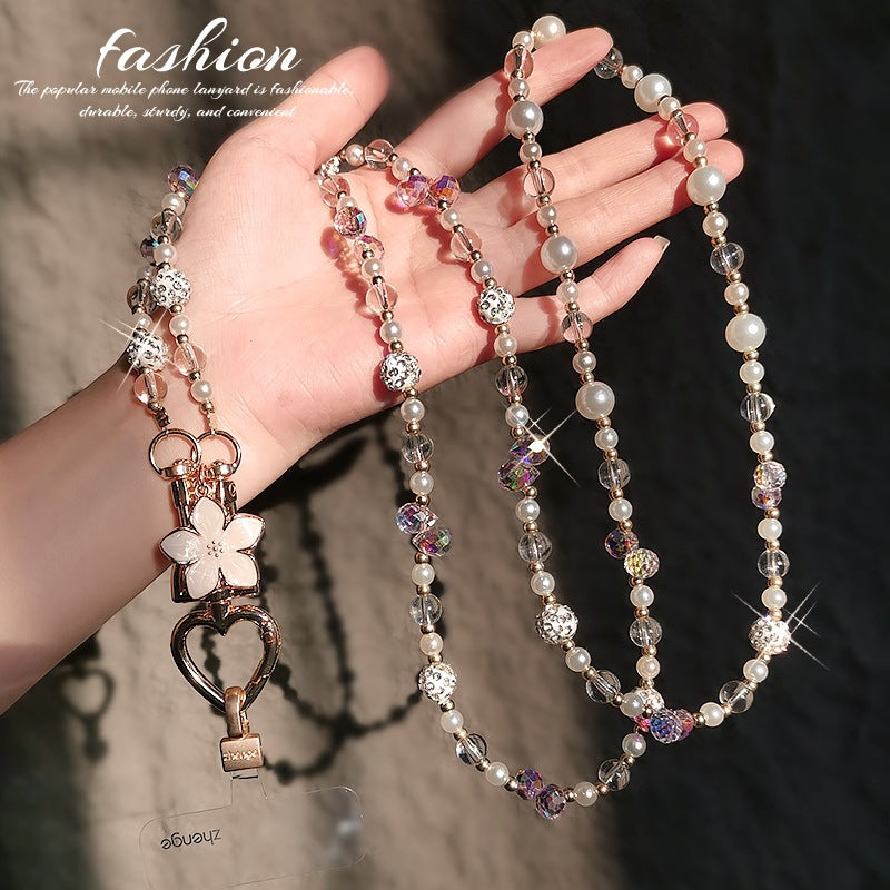 Hands Free Long Crossbody Pearl & Crystal Phone Strap – Summer Outdoor Travel Lanyard Long Phone Straps for Women