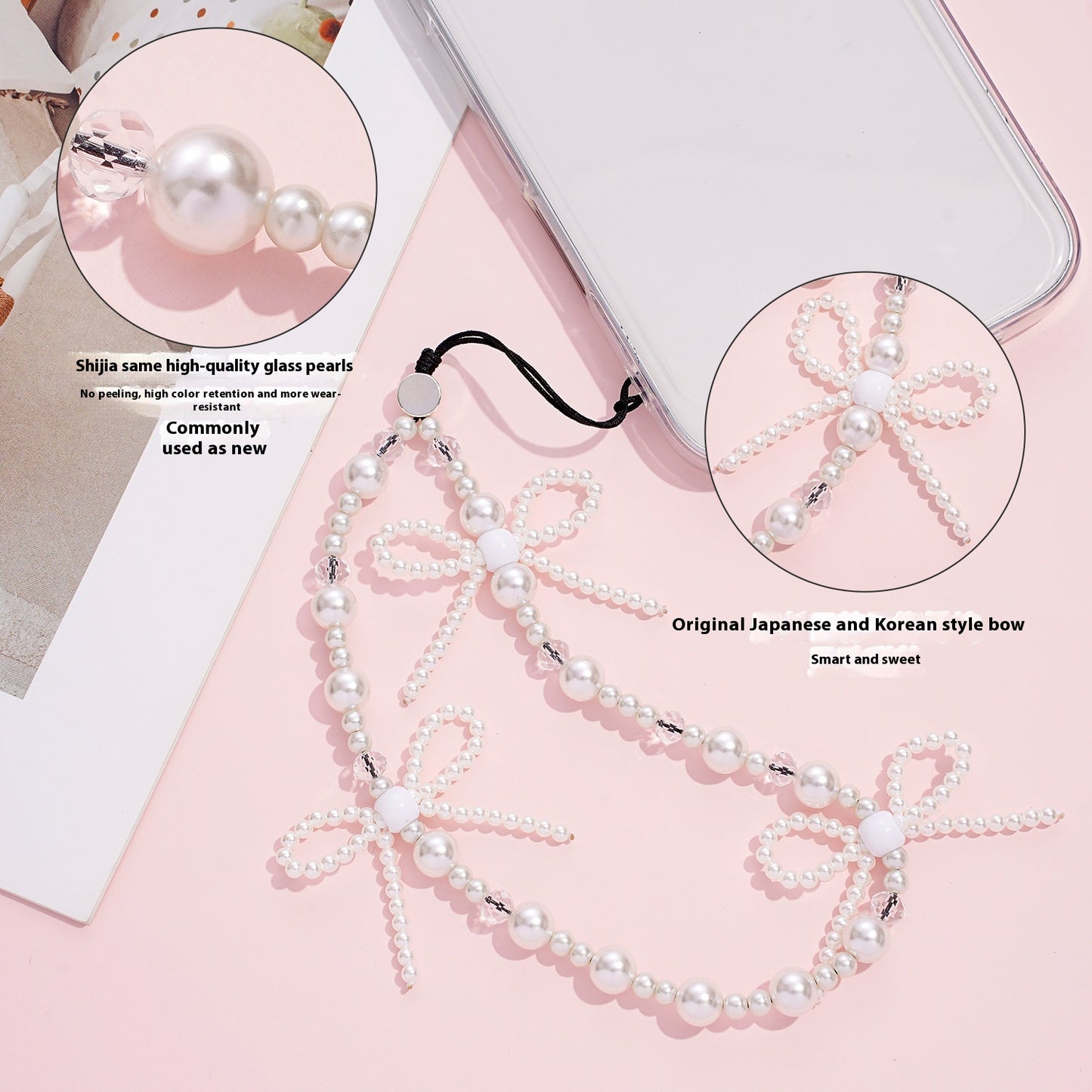 Luxury Pearl Beaded Crystal Phone Charm Strap – Cute Bow Design Wrist Lanyard for Girls – Aesthetic Phone Chain for Case, Earbuds, Wallet & Keys