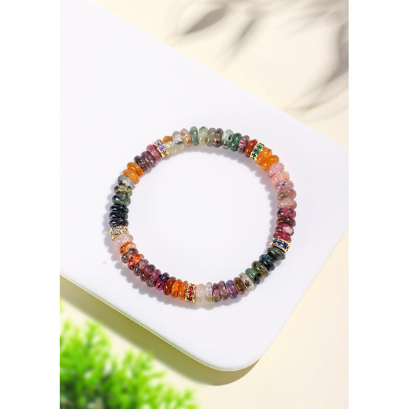 Natural Colorful Tourmaline Abacus Bead Bracelet for Women, Niche Fashion with a Sense of Sophistication, White Moonlight Tablet Direct Cut Bracelet Jewelry