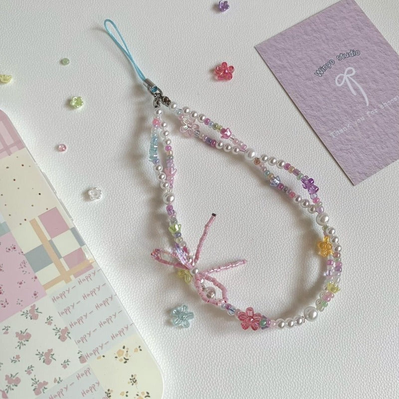 Pink Bow Beaded Phone Strap – INS Style Colorful Floral CCD Camera & Phone Case Charm Key chain