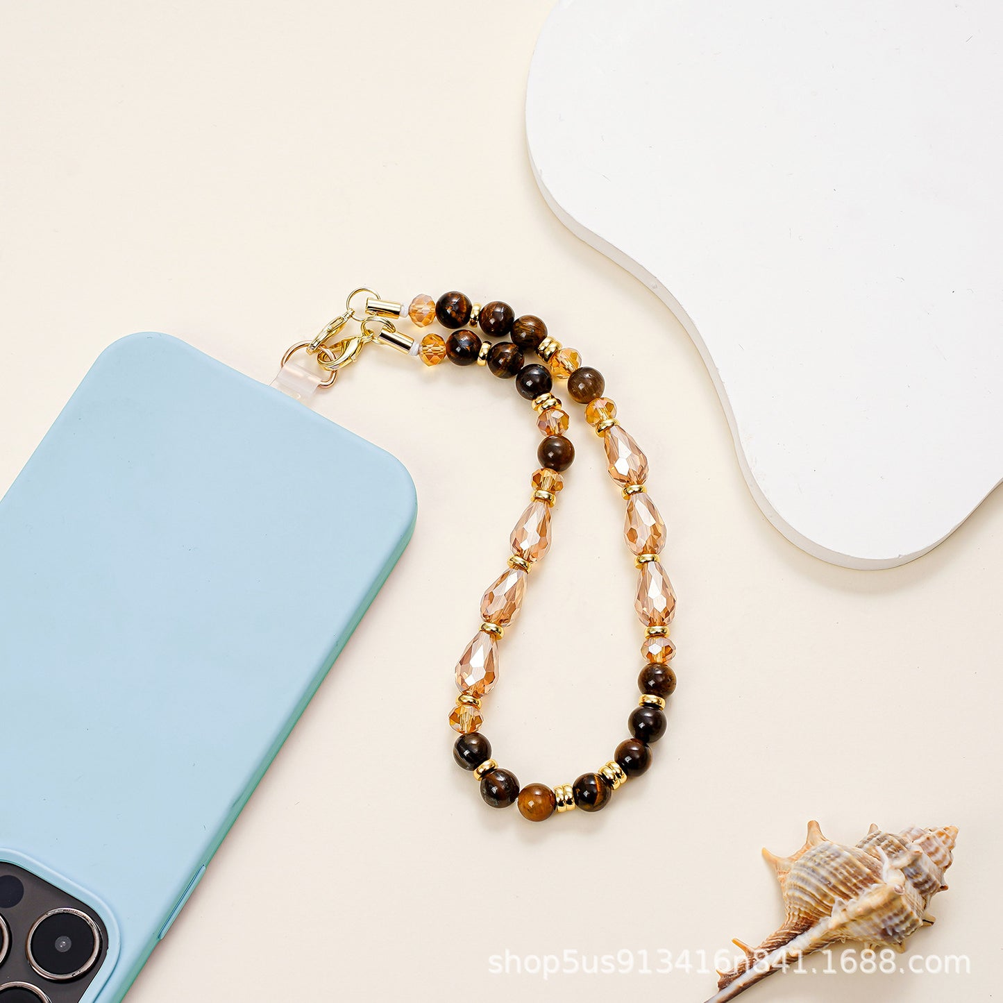Semi-precious Yellow Tiger Eye DIY Phone Chain Beads Gold-plated Crystal Amazon Cross-border Beads Phone Hanging Chain Wholesale