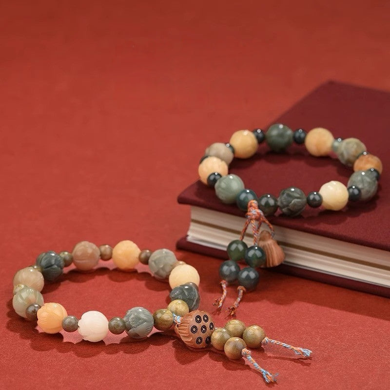 Lotus Bodhi Root Agate God of Wealth String White Jade Bodhi for Women's Peaceful Rich Flower Bracelet