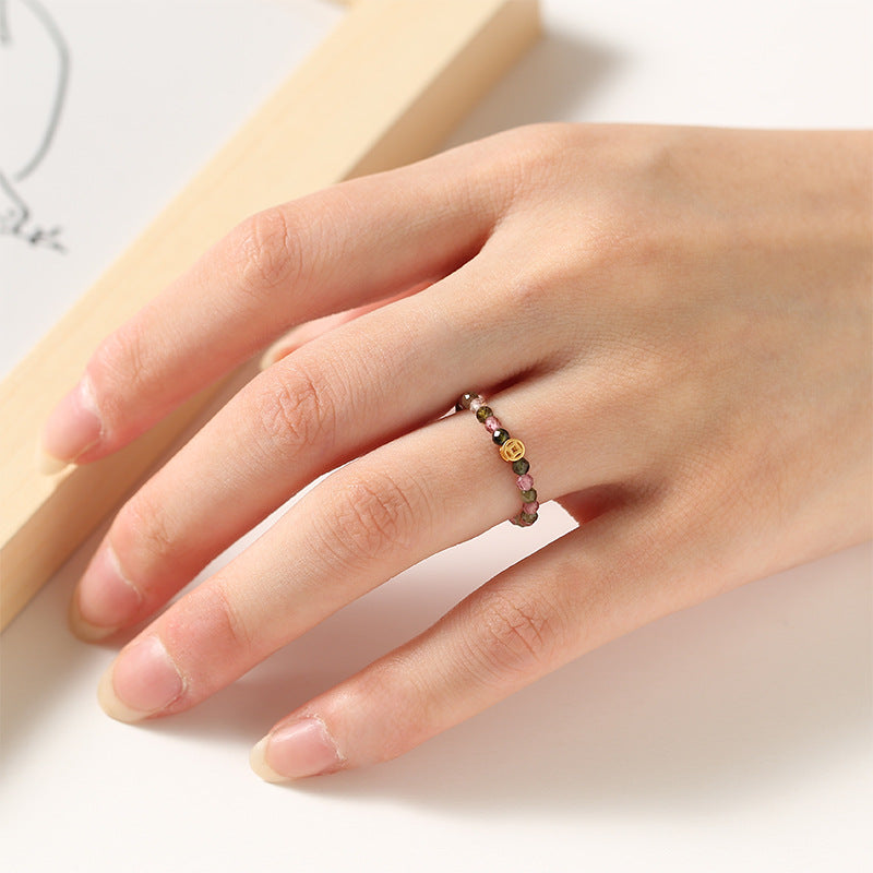 2mm Dainty Rainbow Tourmaline Ring for Women – Gem Stone Crystal with Pearl Stack able Lucky Ring For Girls Decoration