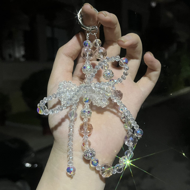 Designer Pearl Phone Strap with Lucky Bow & Rhinestone Chain – Cute Elegant Wrist Lanyard for Phones, AirPods & Keychains