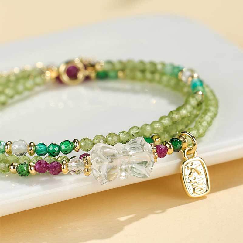 Peridot & Ruby Three-Layer Crystal Bracelet & Necklace – Elegant Chinese-Style 2-in-1 Beaded Jewelry for Women Gift