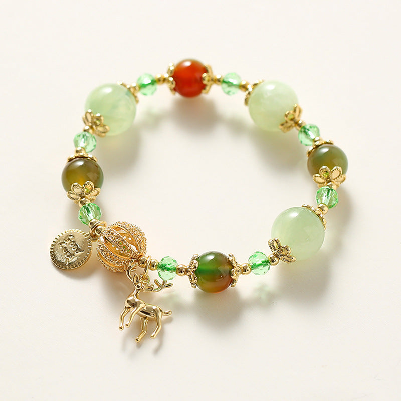 “Deer With You” Prehnite Crystal Bracelet – Natural Agate Beaded Reindeer Charm Jewelry | Christmas Gift for Her | INS-Inspired Design