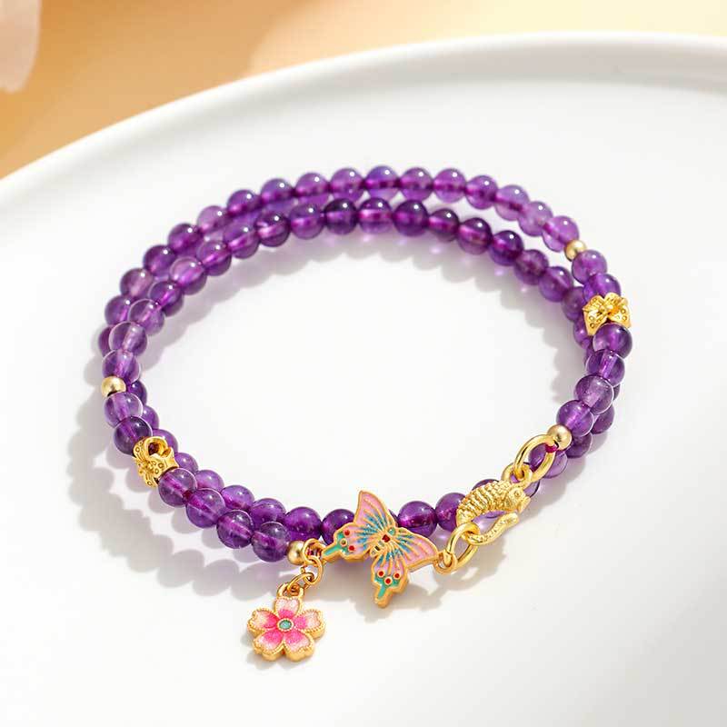 Amethyst Butterfly Beaded Double-Wrap Bracelet – Elegant Lucky Charm Floral Crystal Jewelry for Women Lady's Gift