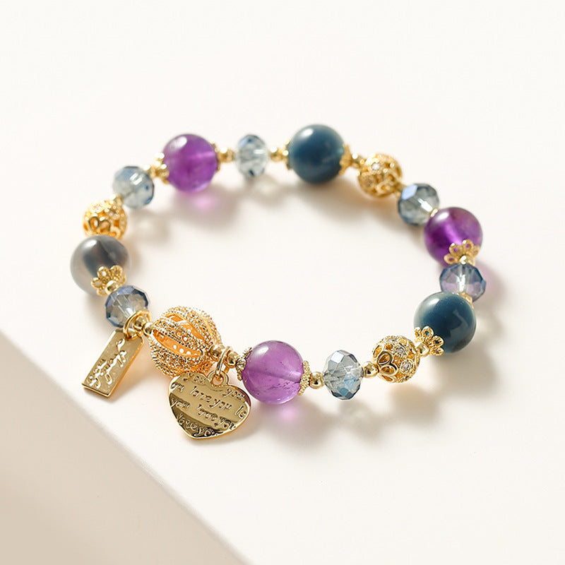 Lavender Amethyst Heart Bracelet – Agate Heart Charm & Hollow Bead | Handmade Crystal Jewelry for Women, Aesthetic Gift for Her