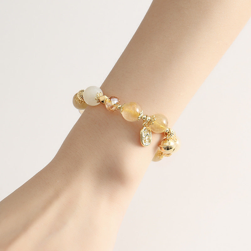 Golden Rutilated Quartz & Moonstone Charm Bracelet – 14K Gold-Plated Bell & Diamond Beads | Lucky Energy Crystal Jewelry for Women