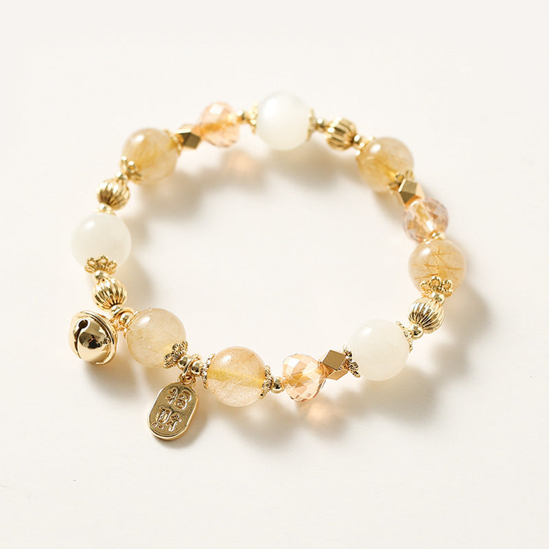 Golden Rutilated Quartz & Moonstone Charm Bracelet – 14K Gold-Plated Bell & Diamond Beads | Lucky Energy Crystal Jewelry for Women
