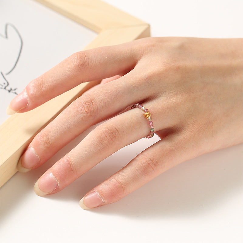 2mm Dainty Rainbow Tourmaline Ring for Women – Gem Stone Crystal with Pearl Stack able Lucky Ring For Girls Decoration