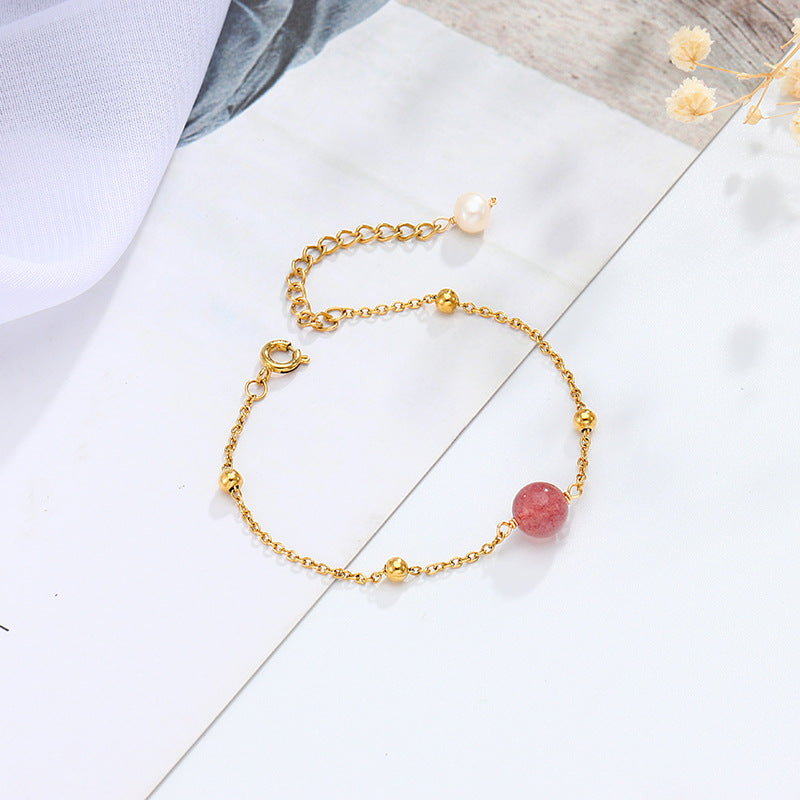 Strawberry Quartz & Rose Crystal Bracelet for Women – Gold-Plated Titanium Steel | Elegant Everyday Jewelry