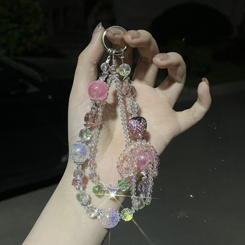 Sparkling Crystal DIY Short Phone Strap with Strawberry – Bling Bling Beaded Hand Chain for Phone, Bag & Key Charm, Airpods, Earbuds