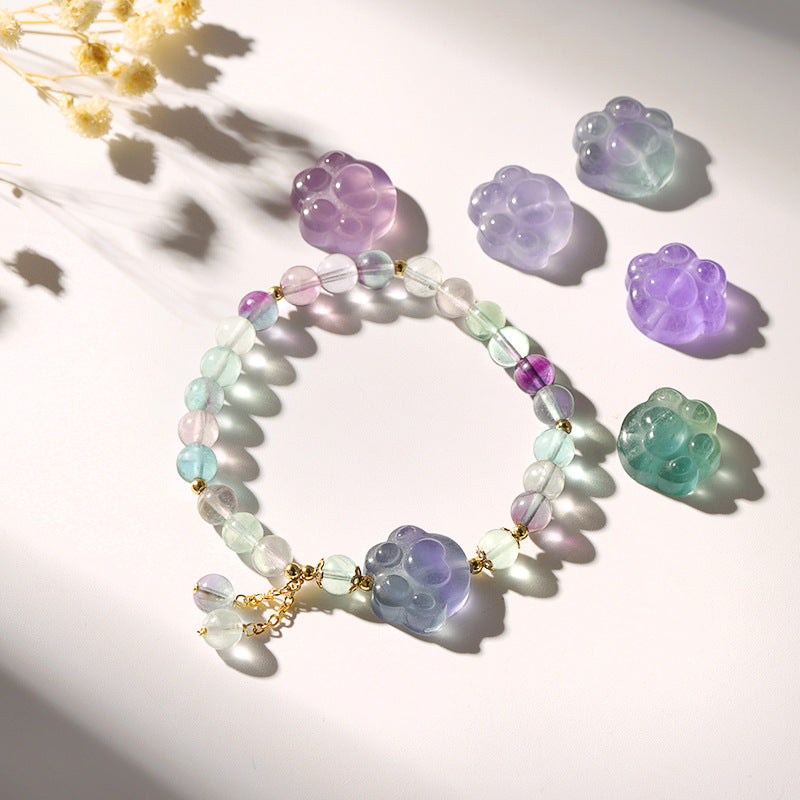 Natural Rutilated Quartz & Strawberry Crystal Tassel Bracelet – Cute Cat Paw Charm Handmade Jewelry for Women/Lady/Girls
