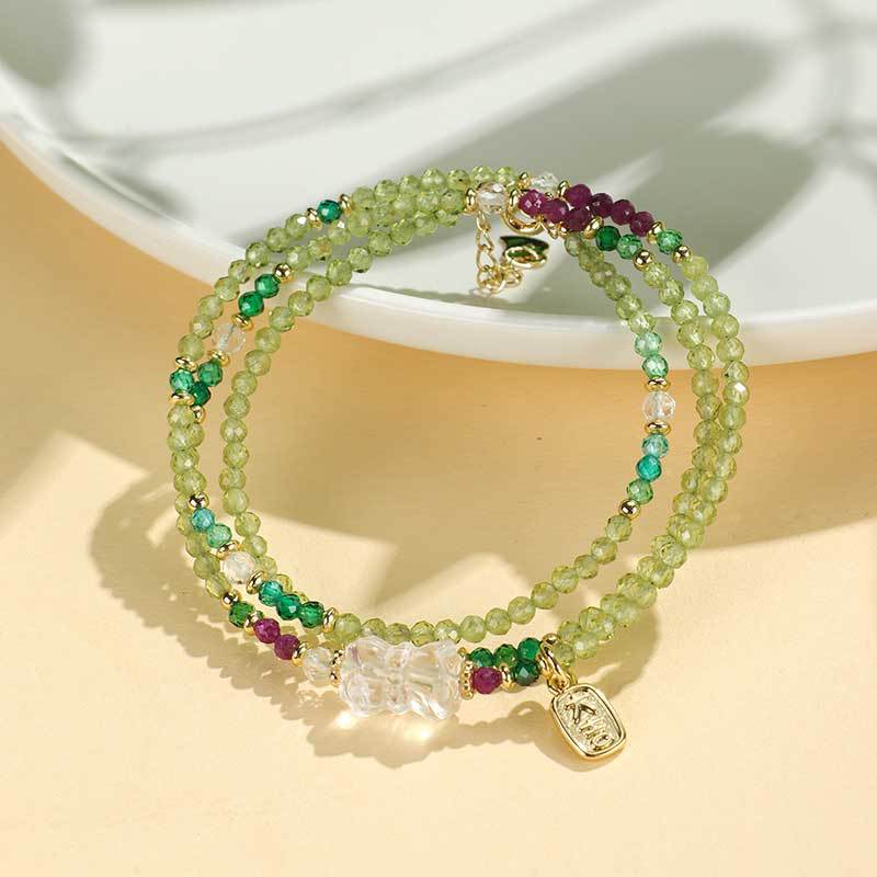 Peridot & Ruby Three-Layer Crystal Bracelet & Necklace – Elegant Chinese-Style 2-in-1 Beaded Jewelry for Women Gift