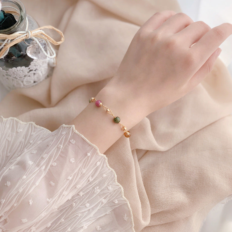 Natural Rainbow Tourmaline Bracelet for Women – Dainty Korean-Style Beaded Crystal Jewelry | Minimalist INS-Inspired Design