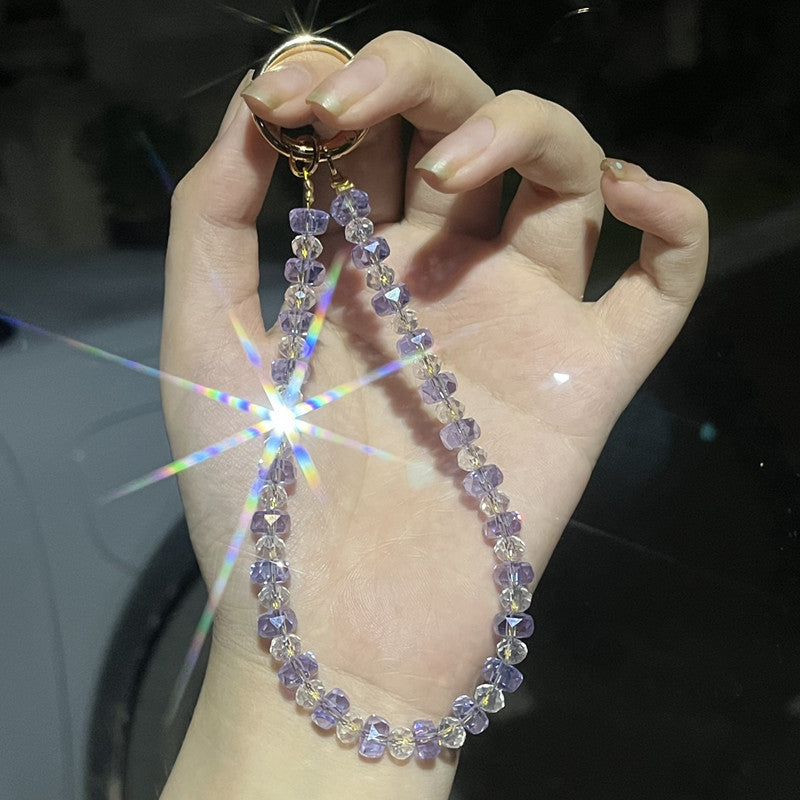Luxury Rainbow Crystal Beaded Cellphone Short Wrist Strap – Designer Phone Hand Chain with Clip for Short Hand-Carry Use