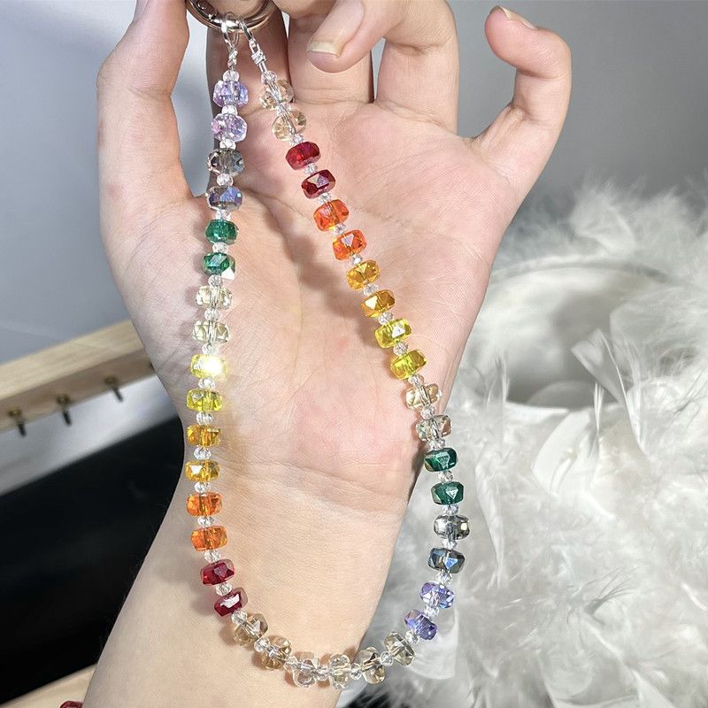 Luxury Rainbow Crystal Beaded Cellphone Short Wrist Strap – Designer Phone Hand Chain with Clip for Short Hand-Carry Use