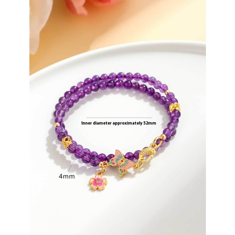 Amethyst Butterfly Beaded Double-Wrap Bracelet – Elegant Lucky Charm Floral Crystal Jewelry for Women Lady's Gift