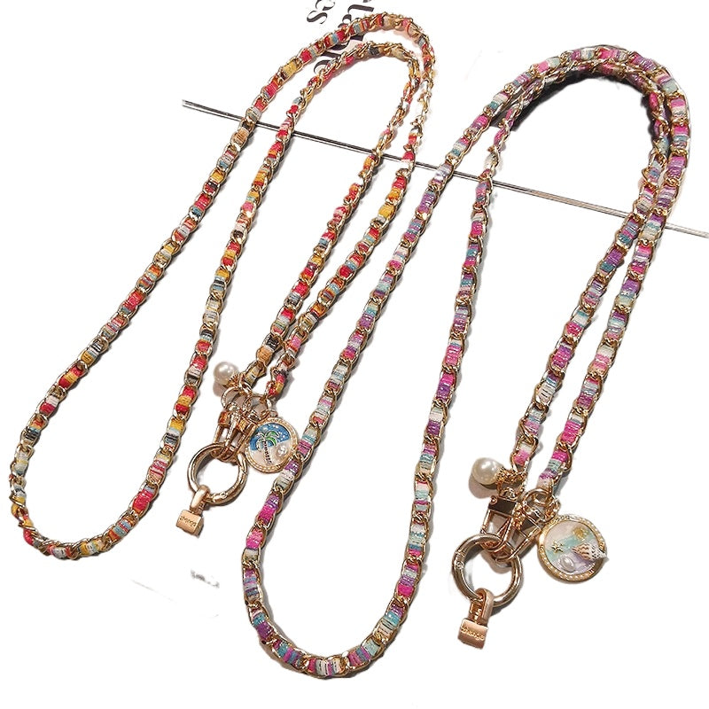 Crossbody mobile phone lanyard long metal chain painted cloth strap fashionable women's outdoor anti-lost mobile phone case bag chain