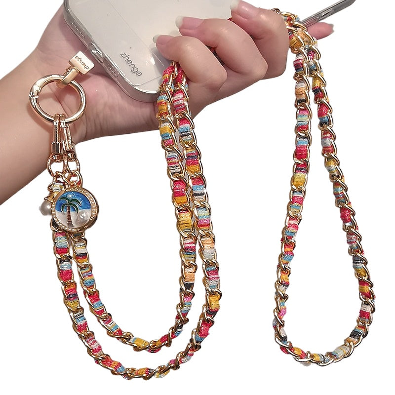 Crossbody mobile phone lanyard long metal chain painted cloth strap fashionable women's outdoor anti-lost mobile phone case bag chain