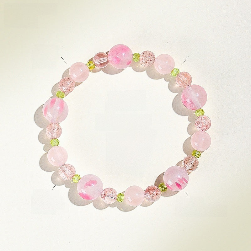 Sakura Pink Crystal Beaded Bracelet for Women – New Chinese Style Jewelry with Strawberry Quartz & Peridot | Gift for Best Friend