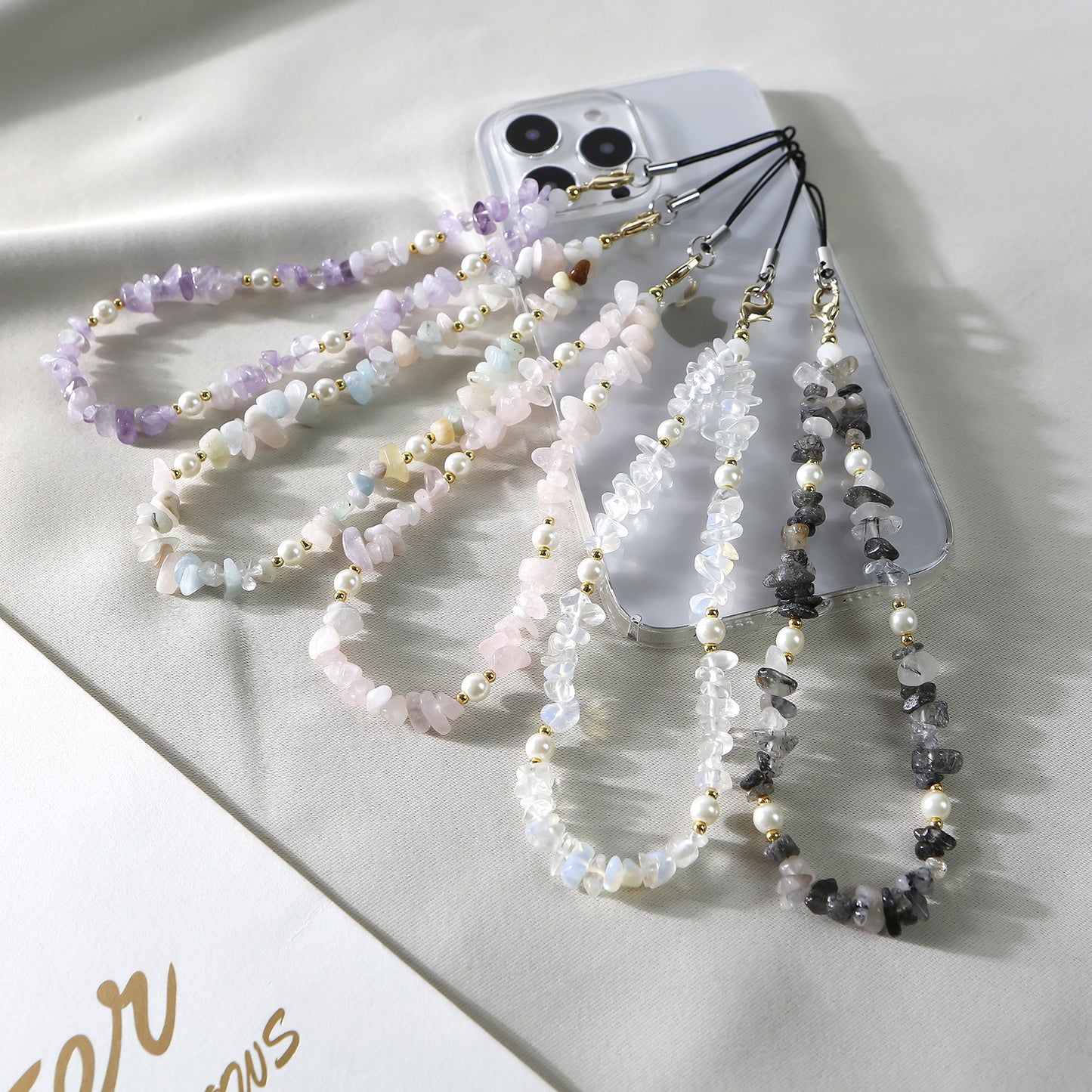 Natural Crystal Chip Stone Beaded Phone Lanyard – Raw Gemstone & Pearl Charm Strap for Phones, Wallets, Earbuds, Keys | Boho Chic Mobile Accessory