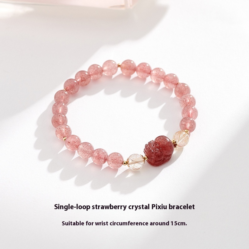 Natural Rutilated Quartz & Strawberry Crystal Tassel Bracelet – Cute Cat Paw Charm Handmade Jewelry for Women/Lady/Girls