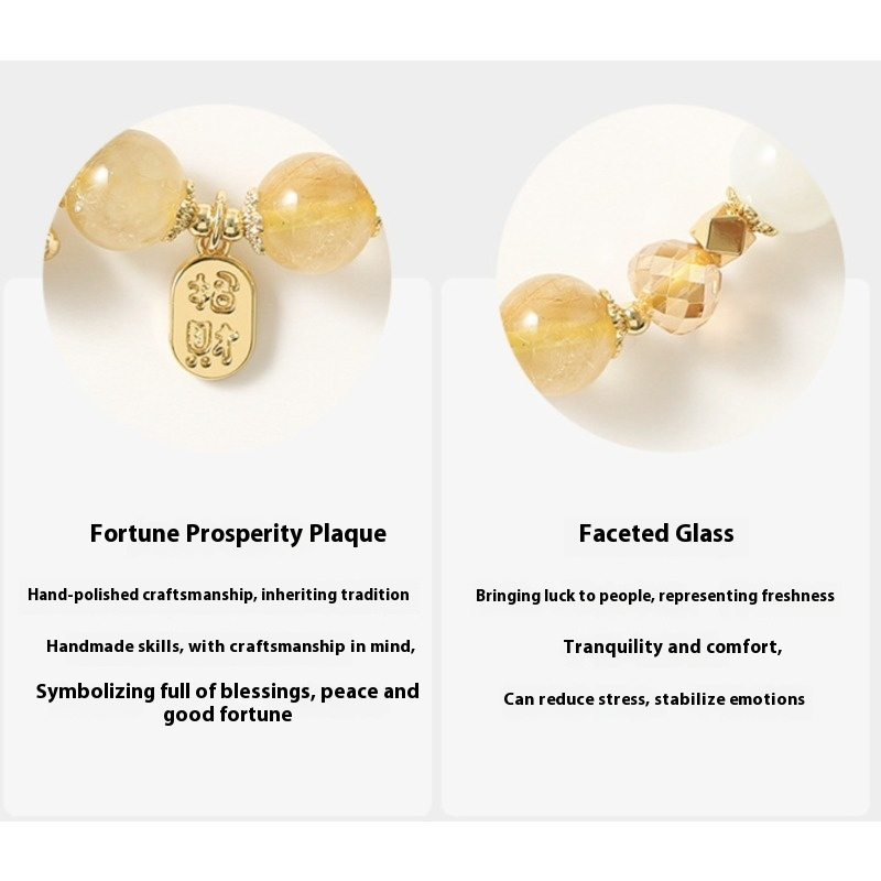 Golden Rutilated Quartz & Moonstone Charm Bracelet – 14K Gold-Plated Bell & Diamond Beads | Lucky Energy Crystal Jewelry for Women