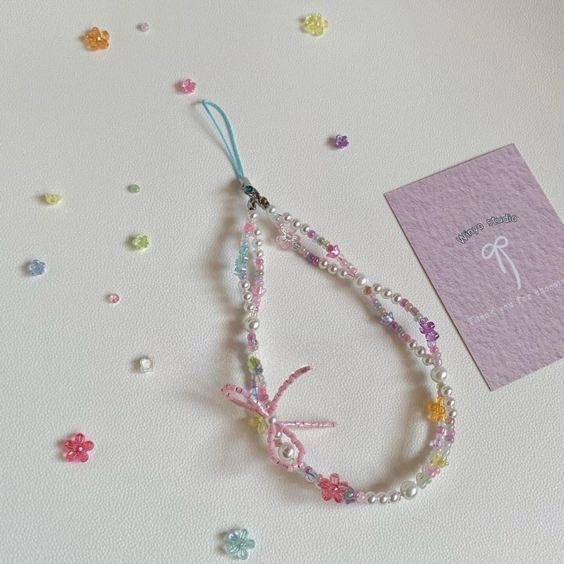 Pink Bow Beaded Phone Strap – INS Style Colorful Floral CCD Camera & Phone Case Charm Key chain