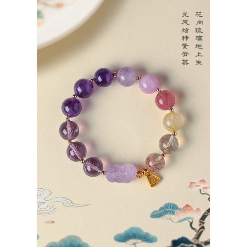 Natural Amethyst Pixiu Multi-Gemstone Bracelet – Lucky Wealth Crystal Jewelry for Women with Super Seven and Black Gold Elements