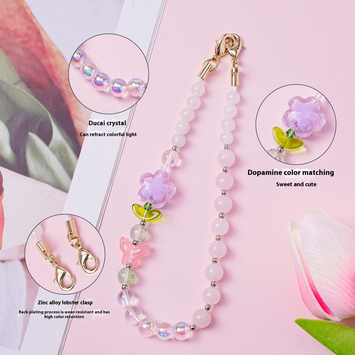 Cute Beaded Crystal Phone Strap – Floral Charm Anti-Lost Lanyard for Girls |   Sweet Aesthetic Wrist Strap for Phone, AirPods & Keys