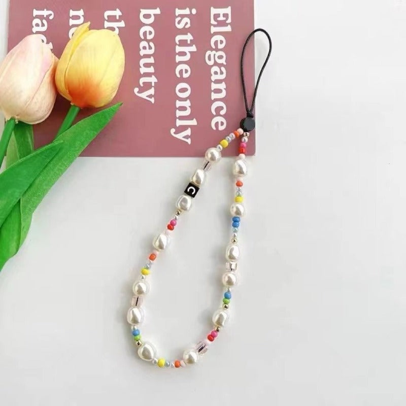Rainbow Pearl Phone Strap – Trendy INS Style Beaded Chain for Case, Bag & Key Accessories