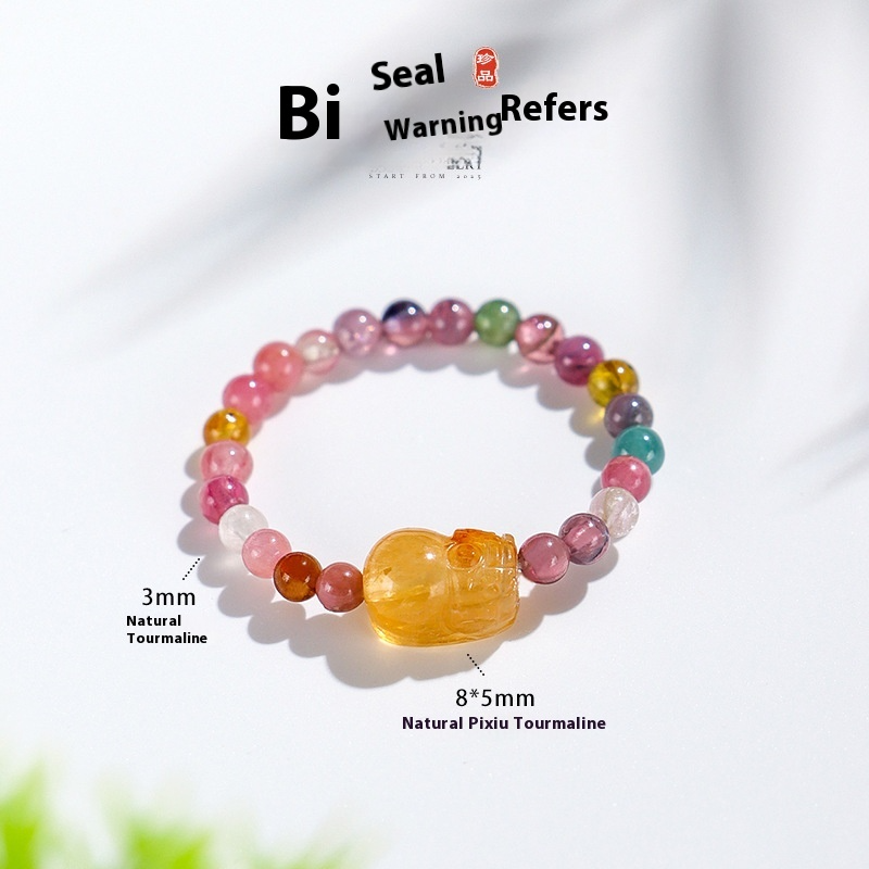 3mm Natural Tourmaline Pixiu Beaded Ring for Women – Adjustable Feng Shui Lucky Charm Ring | Dainty Crystal Jewelry