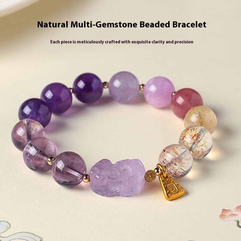 Natural Amethyst Pixiu Multi-Gemstone Bracelet – Lucky Wealth Crystal Jewelry for Women with Super Seven and Black Gold Elements
