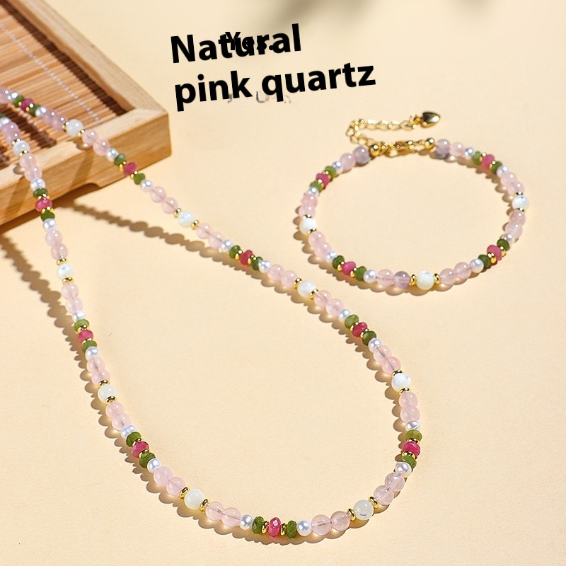 Natural Tourmaline, Morganite & Freshwater Pearl Jewelry Set – 3-Piece Crystal Beaded Ring, Bracelet & Necklace for Women Gift