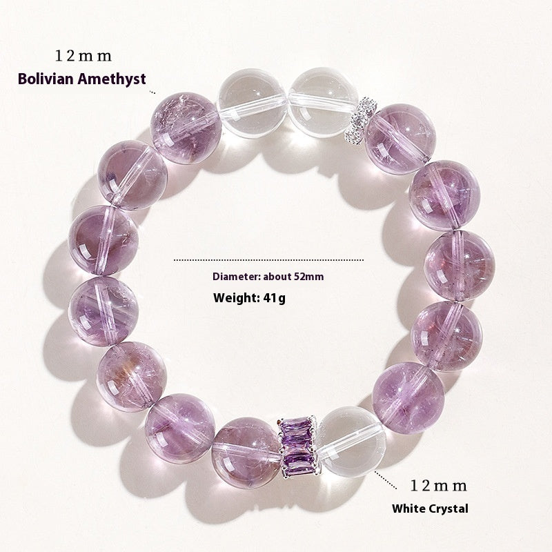 12mm Bolivian Amethyst & Clear Quartz Beaded Bracelet for Women – Elegant High-Vibe Crystal Jewelry lady hand string
