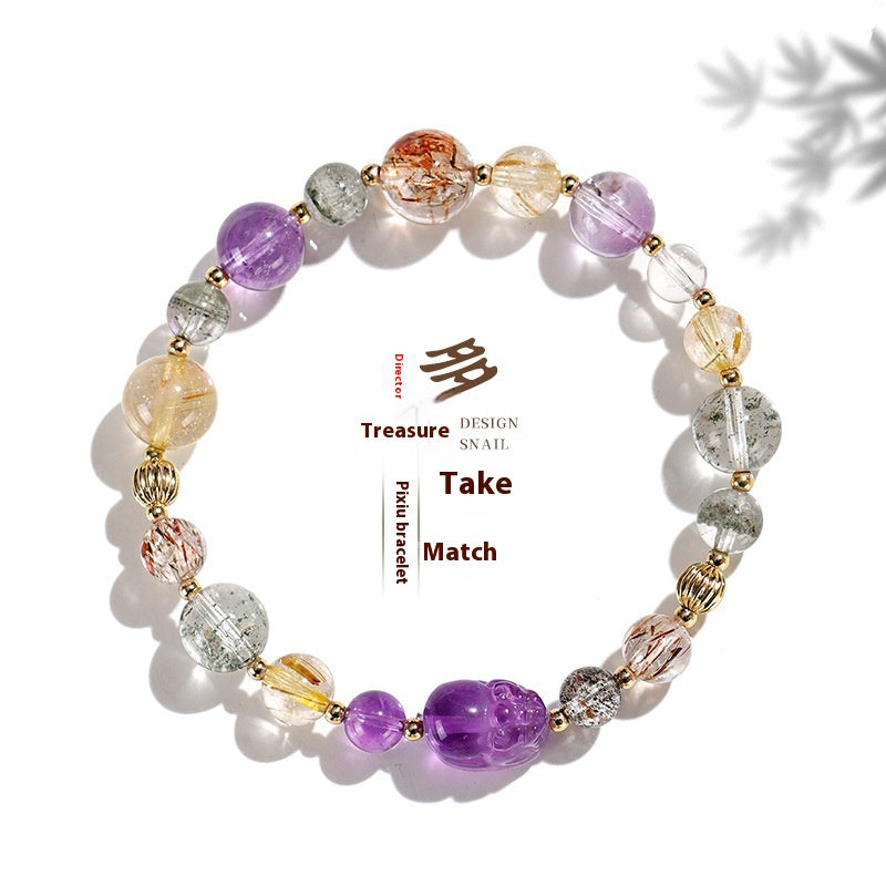 Black Gold Super Seven Crystal Bracelet for Women – Luxury Amethyst Pixiu Beaded Jewelry | High-End Niche Design