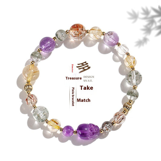 Black Gold Super Seven Crystal Bracelet for Women – Luxury Amethyst Pixiu Beaded Jewelry | High-End Niche Design