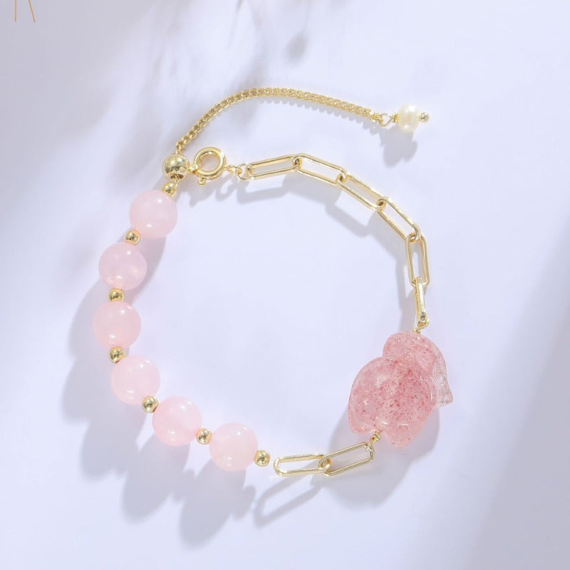 Pink Rose Quartz Fox Crystal Bracelet – Handmade Women’s Natural Gemstone Jewelry | Cute Minimalist INS-Inspired Lucky Charm for Love & Elegance