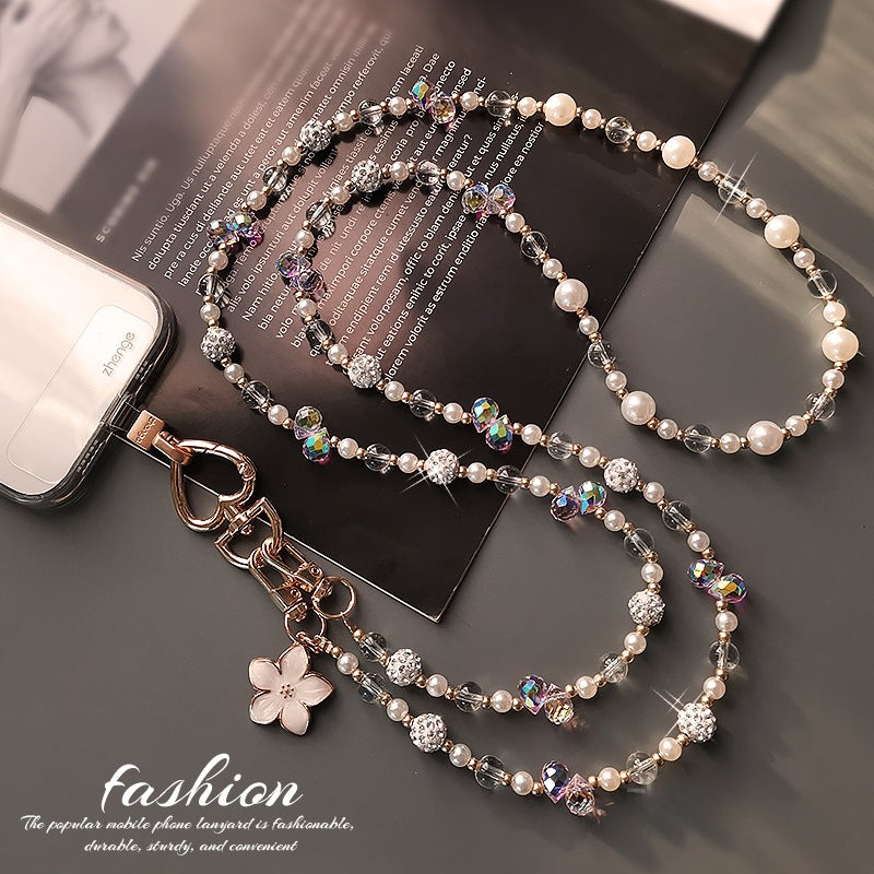 Hands Free Long Crossbody Pearl & Crystal Phone Strap – Summer Outdoor Travel Lanyard Long Phone Straps for Women