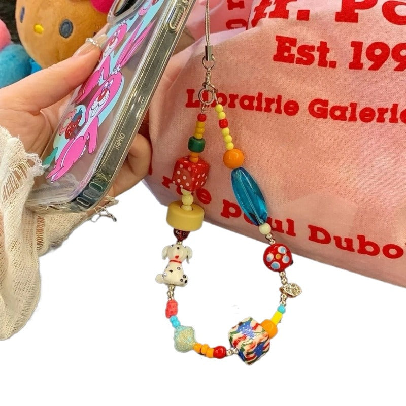 Dopamine phone charm with colorful beads. Cute multi-use strap for phone, bag, or camera. A joyful, trendy accessory for aesthetic lovers.