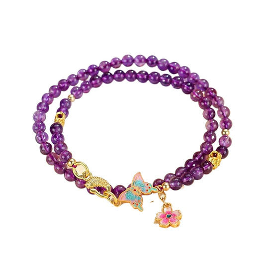 Amethyst Butterfly Beaded Double-Wrap Bracelet – Elegant Lucky Charm Floral Crystal Jewelry for Women Lady's Gift