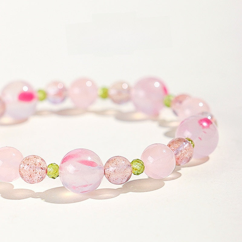 Sakura Pink Crystal Beaded Bracelet for Women – New Chinese Style Jewelry with Strawberry Quartz & Peridot | Gift for Best Friend