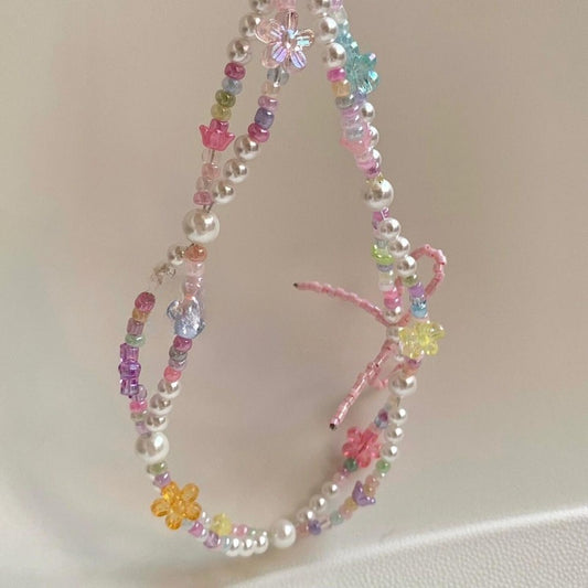 Pink Bow Beaded Phone Strap – INS Style Colorful Floral CCD Camera & Phone Case Charm Key chain