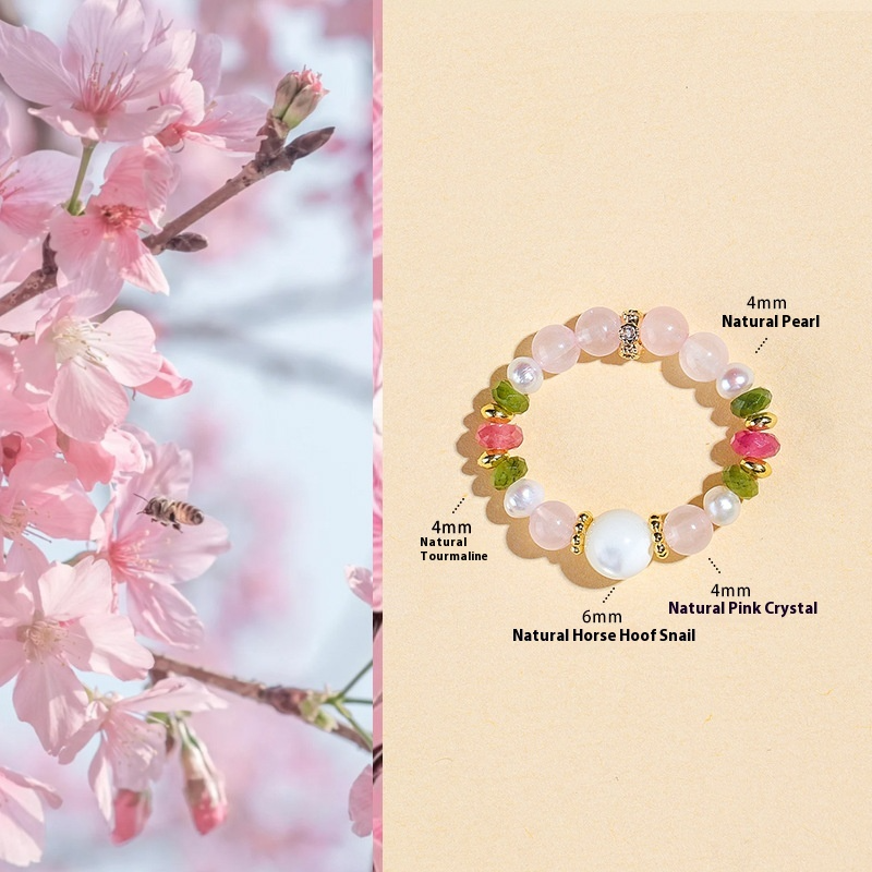 Natural Tourmaline, Morganite & Freshwater Pearl Jewelry Set – 3-Piece Crystal Beaded Ring, Bracelet & Necklace for Women Gift